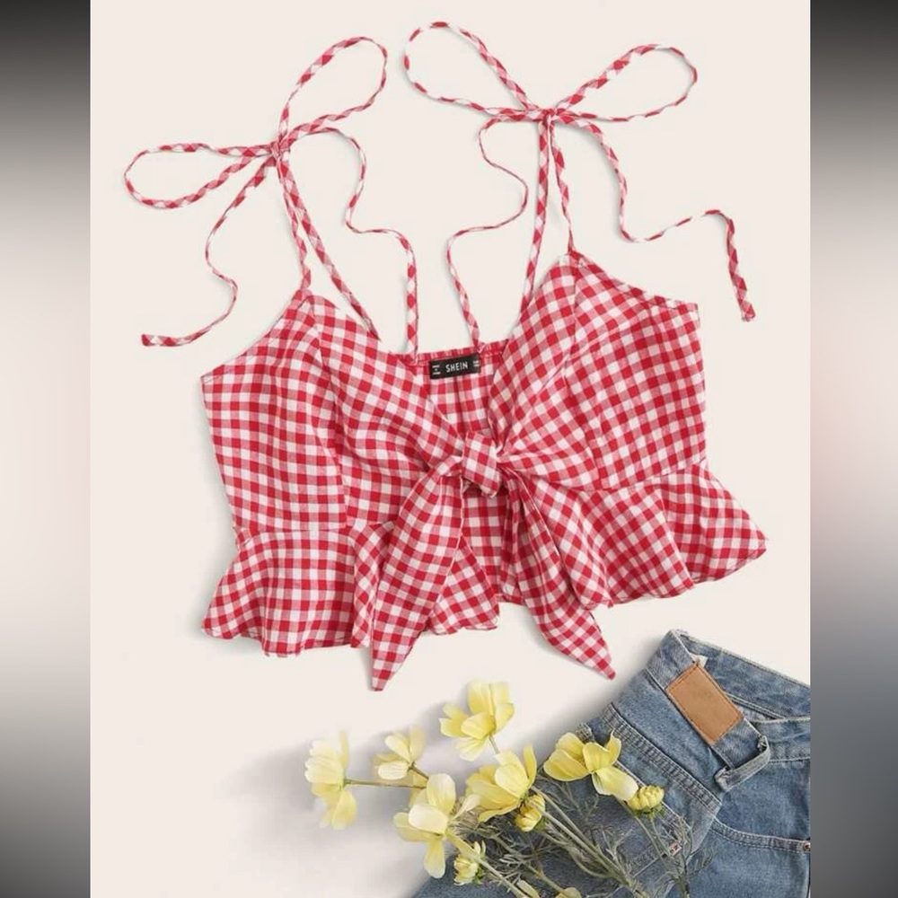 Tie shoulder and front buffalo plaid ruffle hem top
